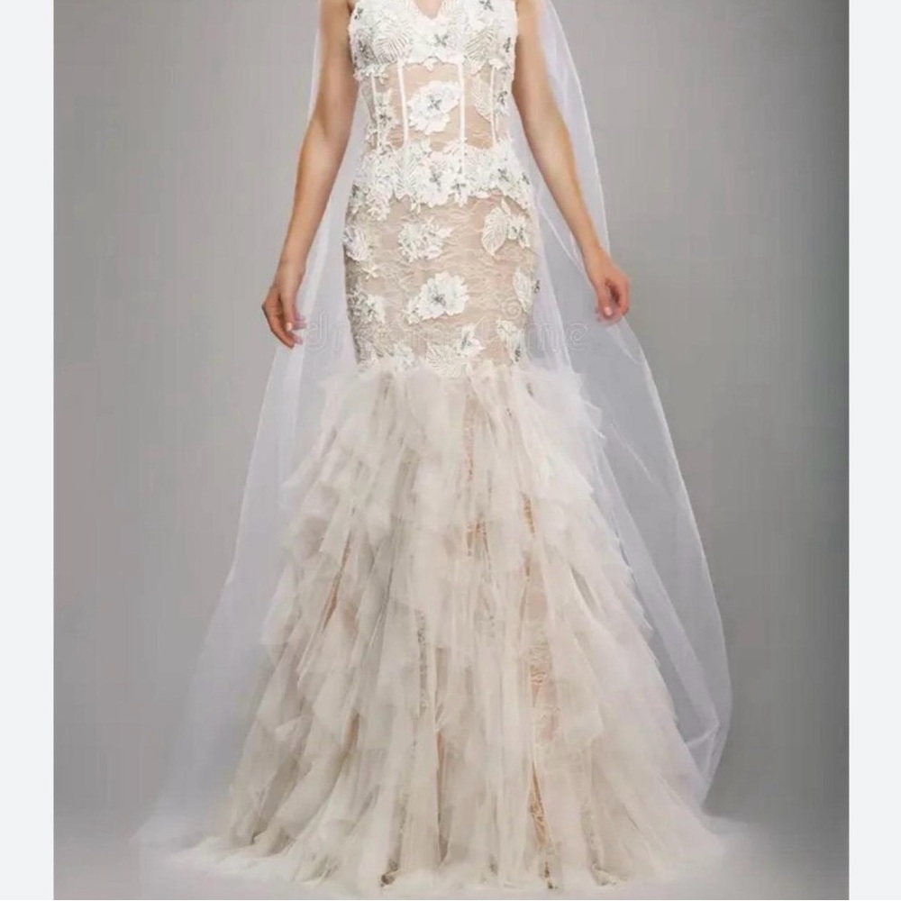Jovani Ivory Floral Lace Wedding Dress